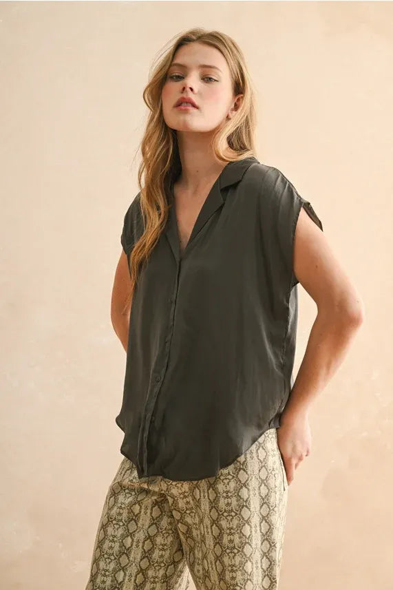 A soft dark olive green lightweight button cap sleeve shirt with a relaxed fit and subtle sheen