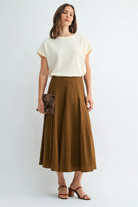 A soft earthy brown godet midi skirt with pleats high waist flowing silhouette and side zipper closure