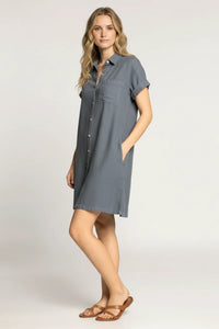 Casual denim button-front shirt dress in soft gray with pockets