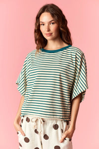 A soft loose-fitting yarn dyed stripe round neck tee with horizontal teal and off-white stripes