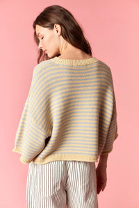 A soft knitted thin stripe curly edge oversized cardigan in pale yellow and muted blue horizontal stripes