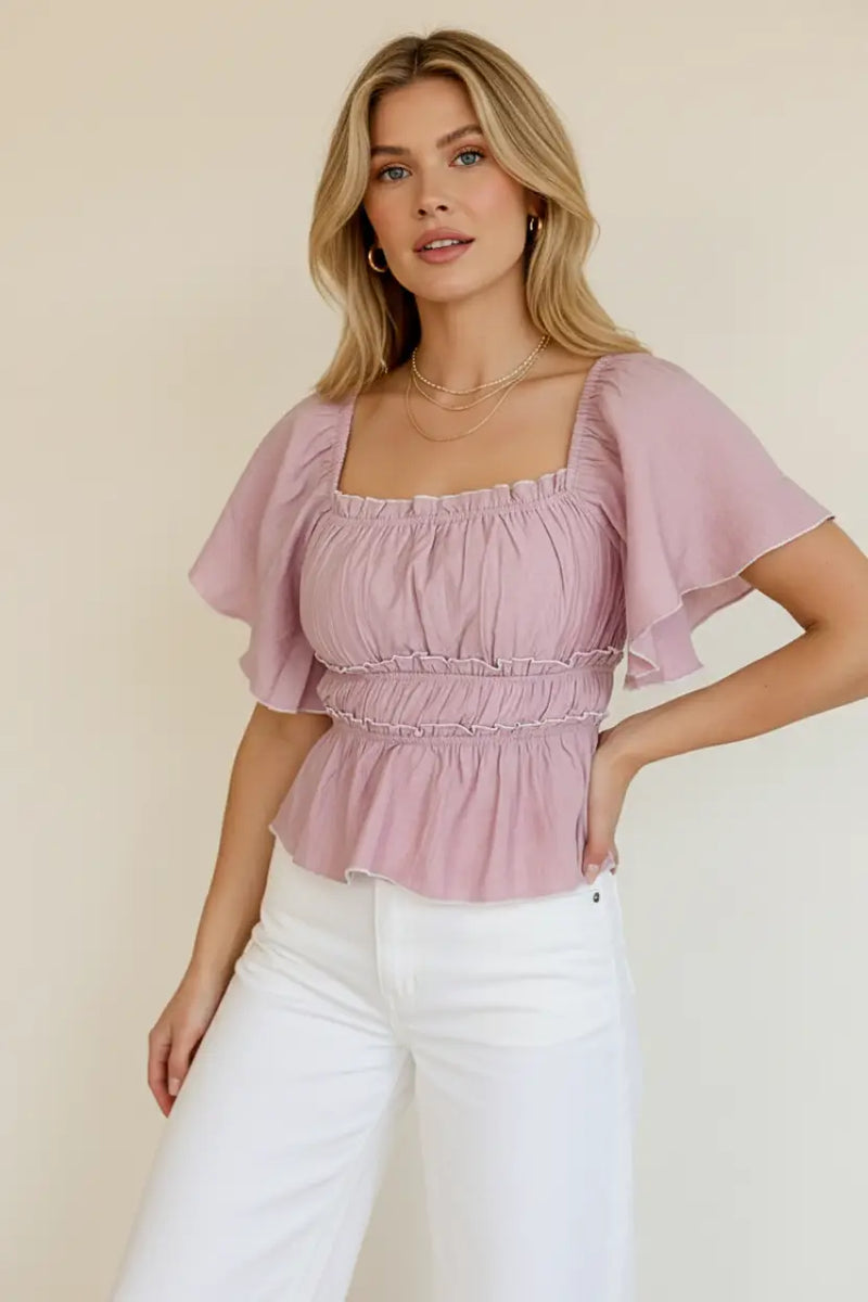 Square neck flutter sleeve blouse in soft lavender with ruffles