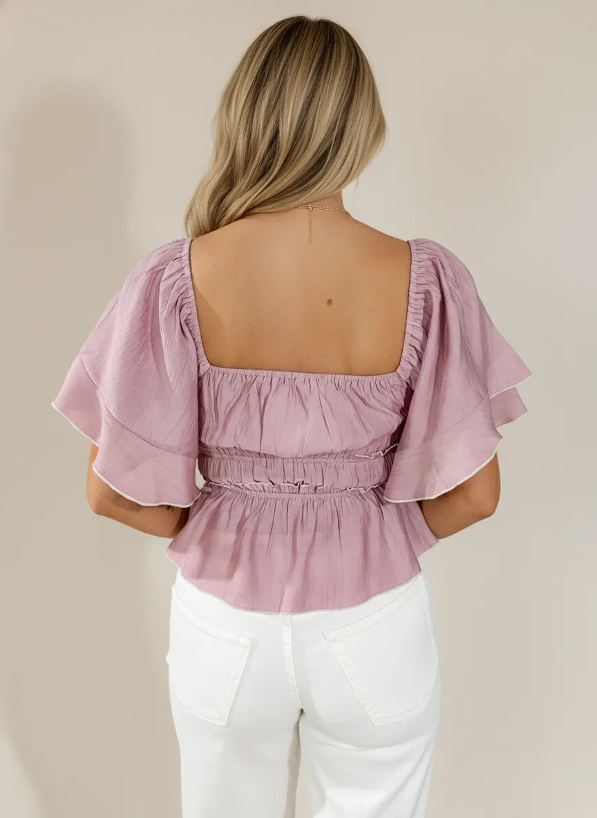 Square neck flutter sleeve blouse in soft lavender with ruffles