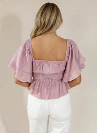 Square neck flutter sleeve blouse in soft lavender with ruffles