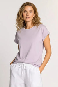 Organic cotton short sleeve relaxed fit t-shirt in soft lavender with pearl trim