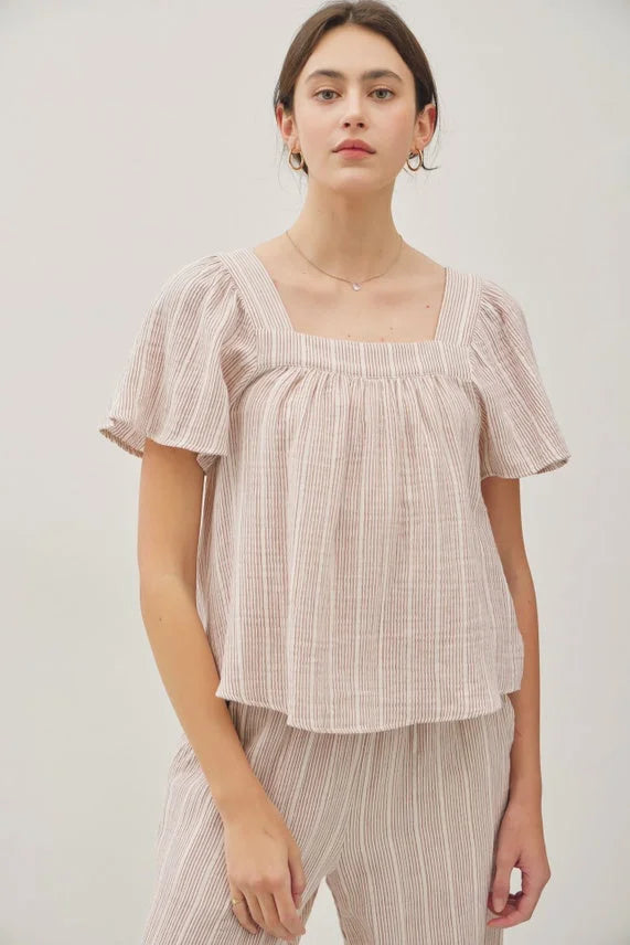Flowy boxy gauze striped top in beige and white vertical stripes