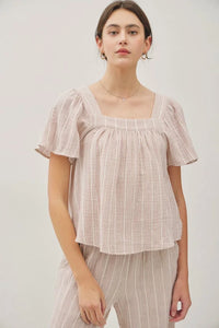 Flowy boxy gauze striped top in beige and white vertical stripes