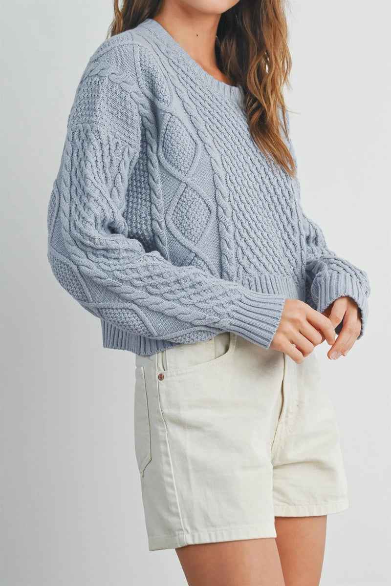 Casual solid cable knit sweater in soft light blue with textured pattern