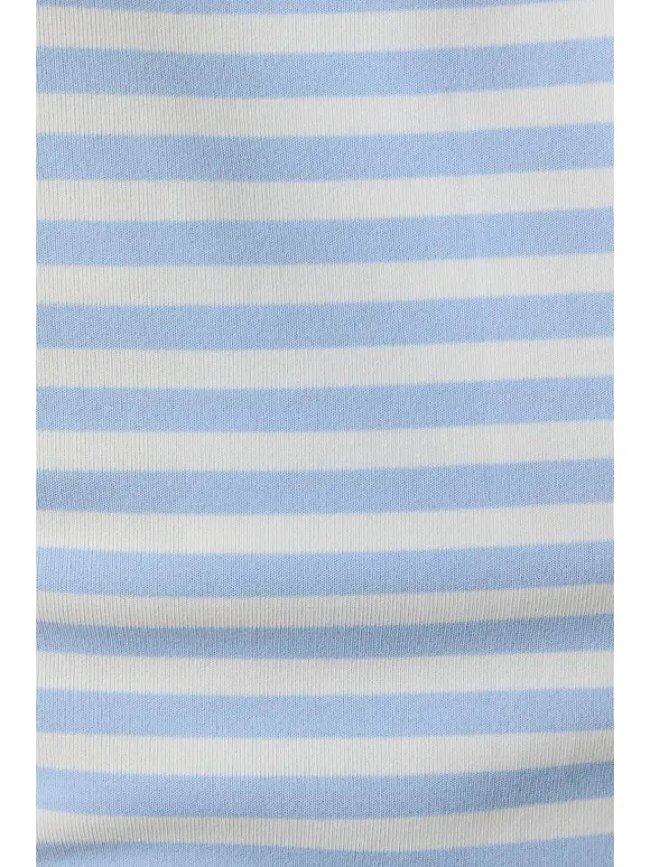 Sleeveless round neck striped tank top in soft light blue and white fabric