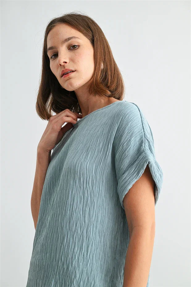 Texture dolman sleeve woven top in soft light blue crinkled linen