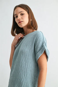 Texture dolman sleeve woven top in soft light blue crinkled linen