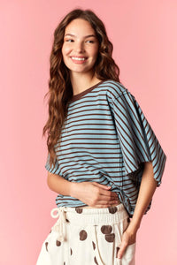 A yarn dyed stripe round neck tee in soft light blue and brown with fluttery sleeves and a relaxed fit