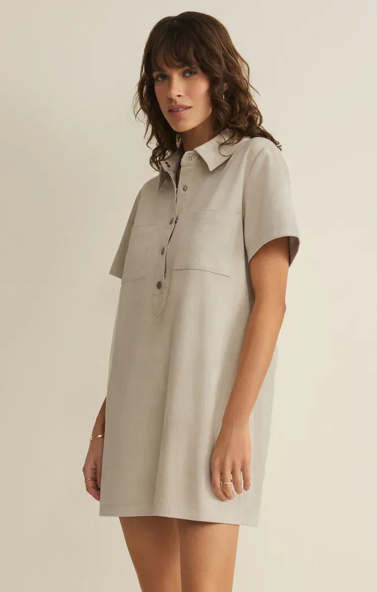 Danna faux suede mini dress in soft light gray with short sleeves collar and button front detail