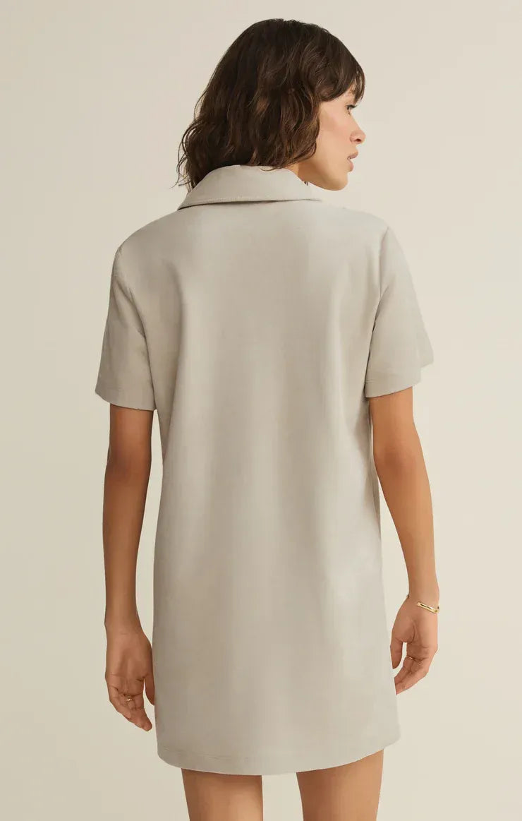 Danna faux suede mini dress in light gray with short sleeves, collar, and relaxed fit featuring soft faux suede material