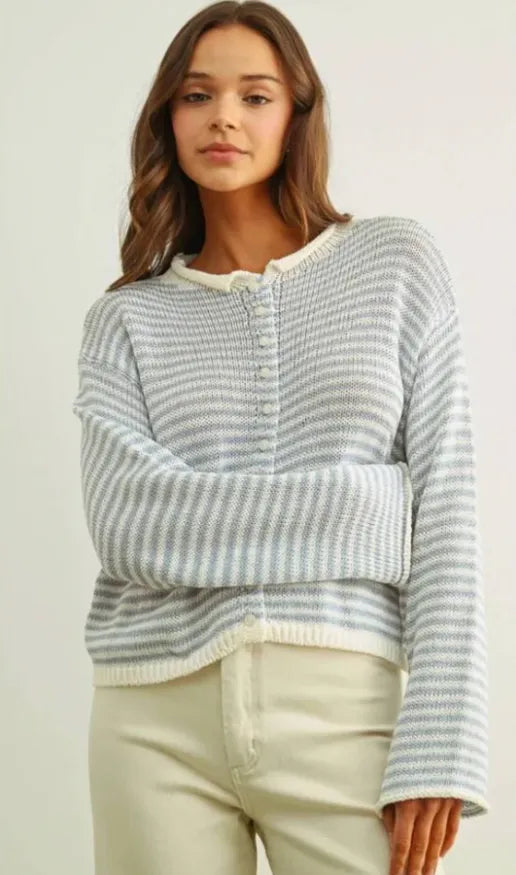 Stripe button front knit cardigan in soft light gray and white with ribbed cuffs for women’s boho chic clothing