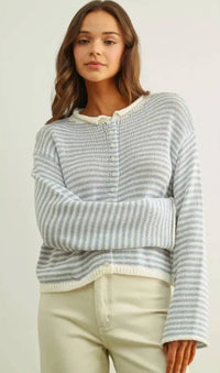 Stripe button front knit cardigan in soft light gray and white with ribbed cuffs for women’s boho chic clothing
