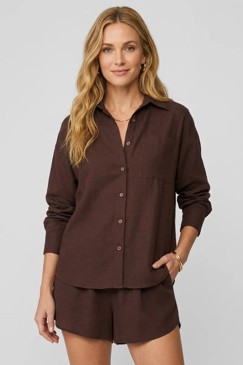 A soft brown alfie linen button long-sleeved shirt with a relaxed fit and subtle chest pocket