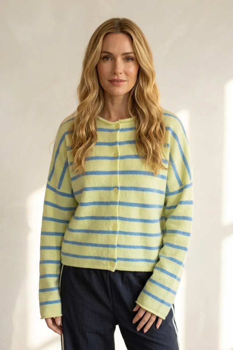 A cabana stripe piper lightweight cardigan in pale yellow and light blue soft long-sleeved stripes