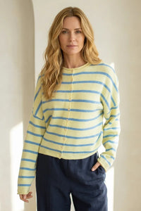 A soft cabana stripe piper lightweight cardigan with long sleeves and horizontal pale yellow and light blue stripes