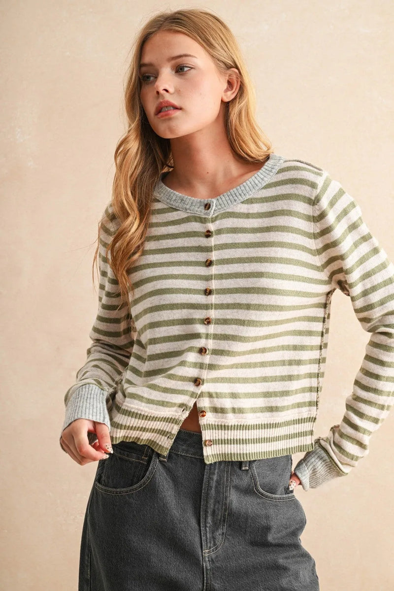 A soft striped pattern button front cardigan with muted olive and cream horizontal stripes and ribbed cuffs and neckline