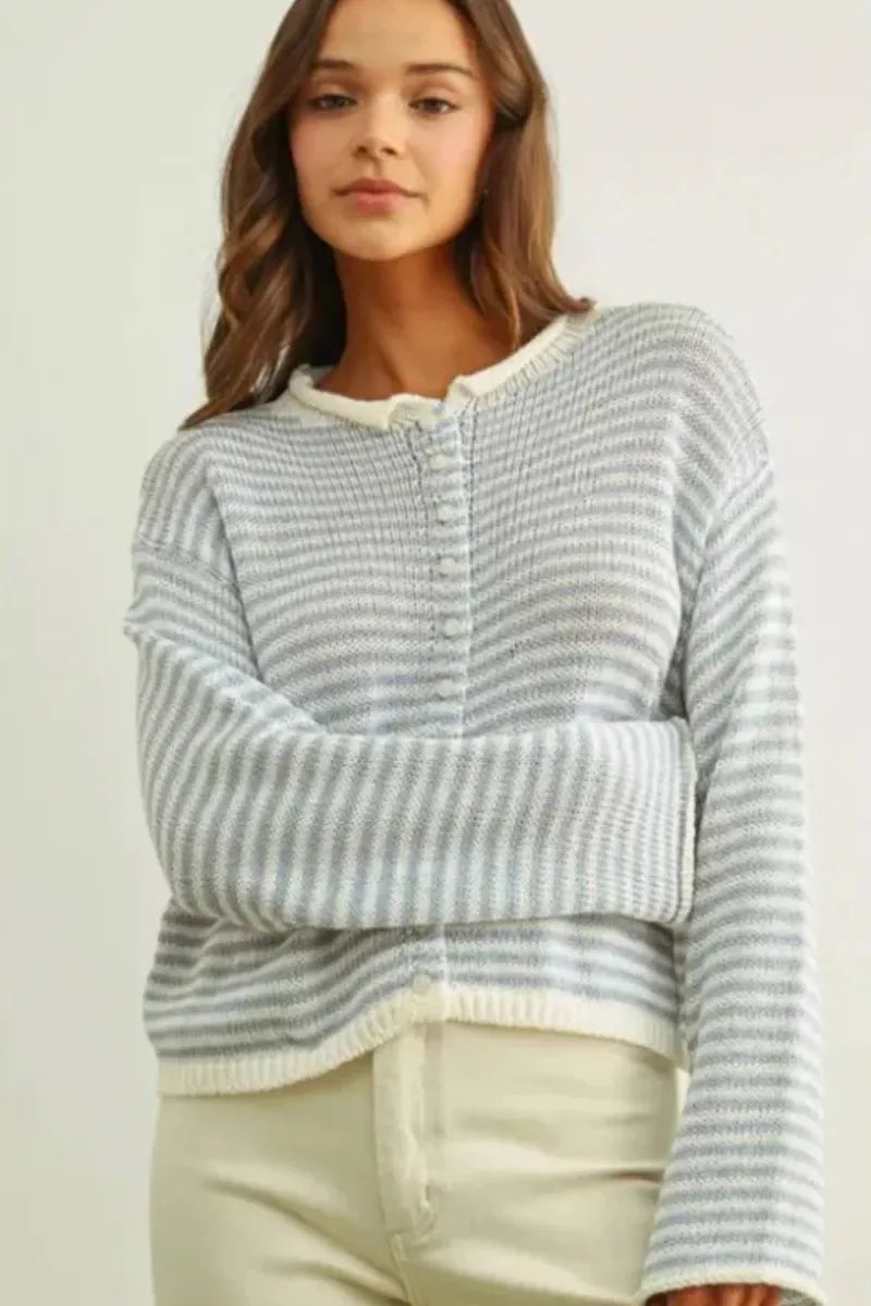 Soft long-sleeved stripe button knit cardigan with light gray white stripes and cream collar and cuffs