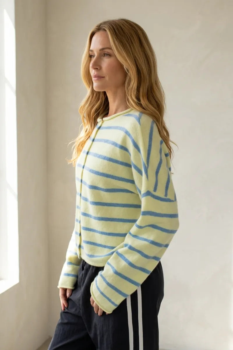 Cabana stripe piper lightweight cardigan soft long-sleeve sweater with pale yellow and light blue horizontal stripes