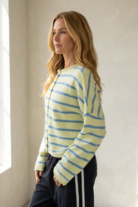 Cabana stripe piper lightweight cardigan soft long-sleeve sweater with pale yellow and light blue horizontal stripes
