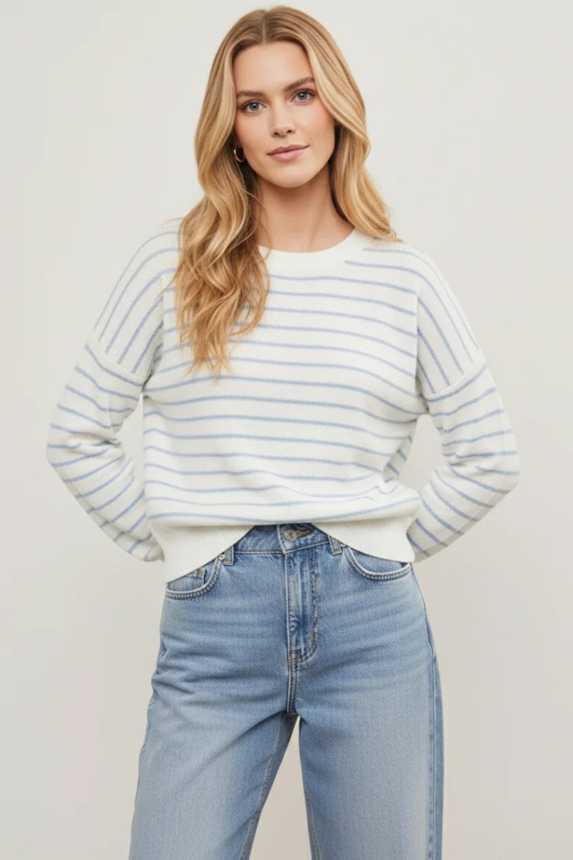 Thread & Supply Ely Sweater: soft long-sleeved white and light blue stripes