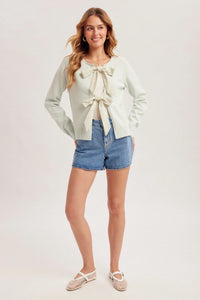 Striped ribbon bow contrast cardigan in soft mint green