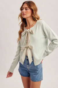 Striped ribbon bow contrast cardigan in soft mint green knit