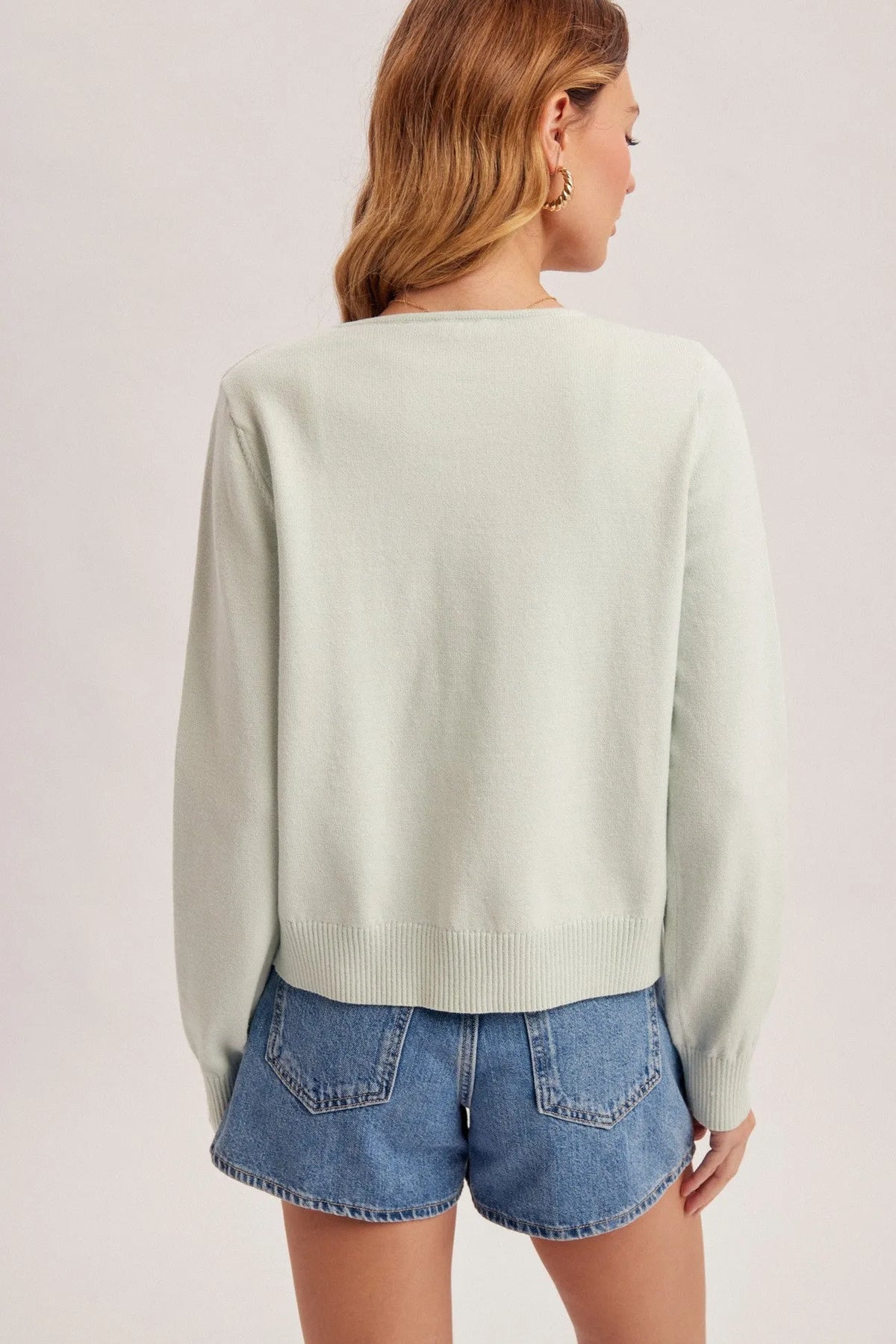 Striped ribbon bow contrast cardigan in soft mint green knit