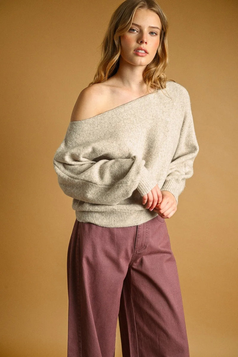A soft light heather gray long sleeve boat neck sweater with off the shoulder knit and ribbed cuffs