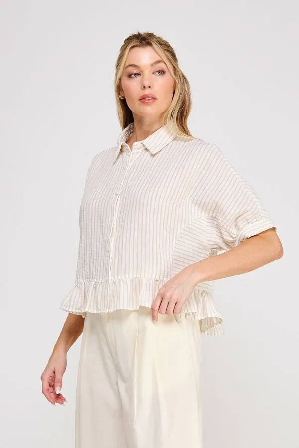 Off-white button down striped ruffle detail top with delicate vertical stripes in women’s boho chic clothing shop daisy