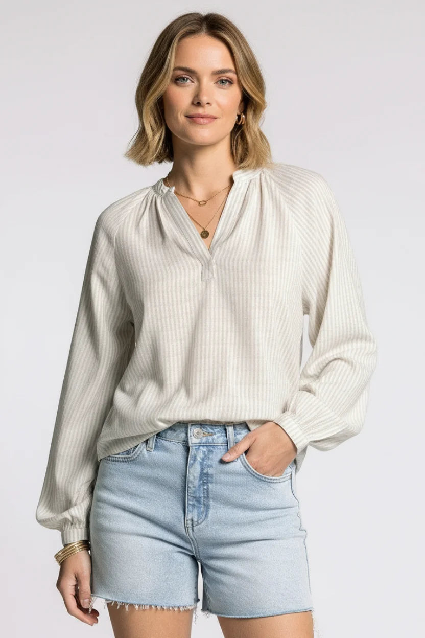 Thread and Supply striped relaxed fit V-neck blouse with raglan sleeves