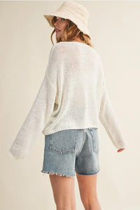 Light weight long sleeve knit top in soft off-white textured knit