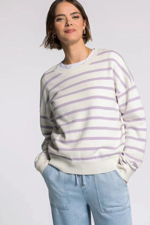 Thread & Supply Preston sweater in soft off-white and lavender stripes