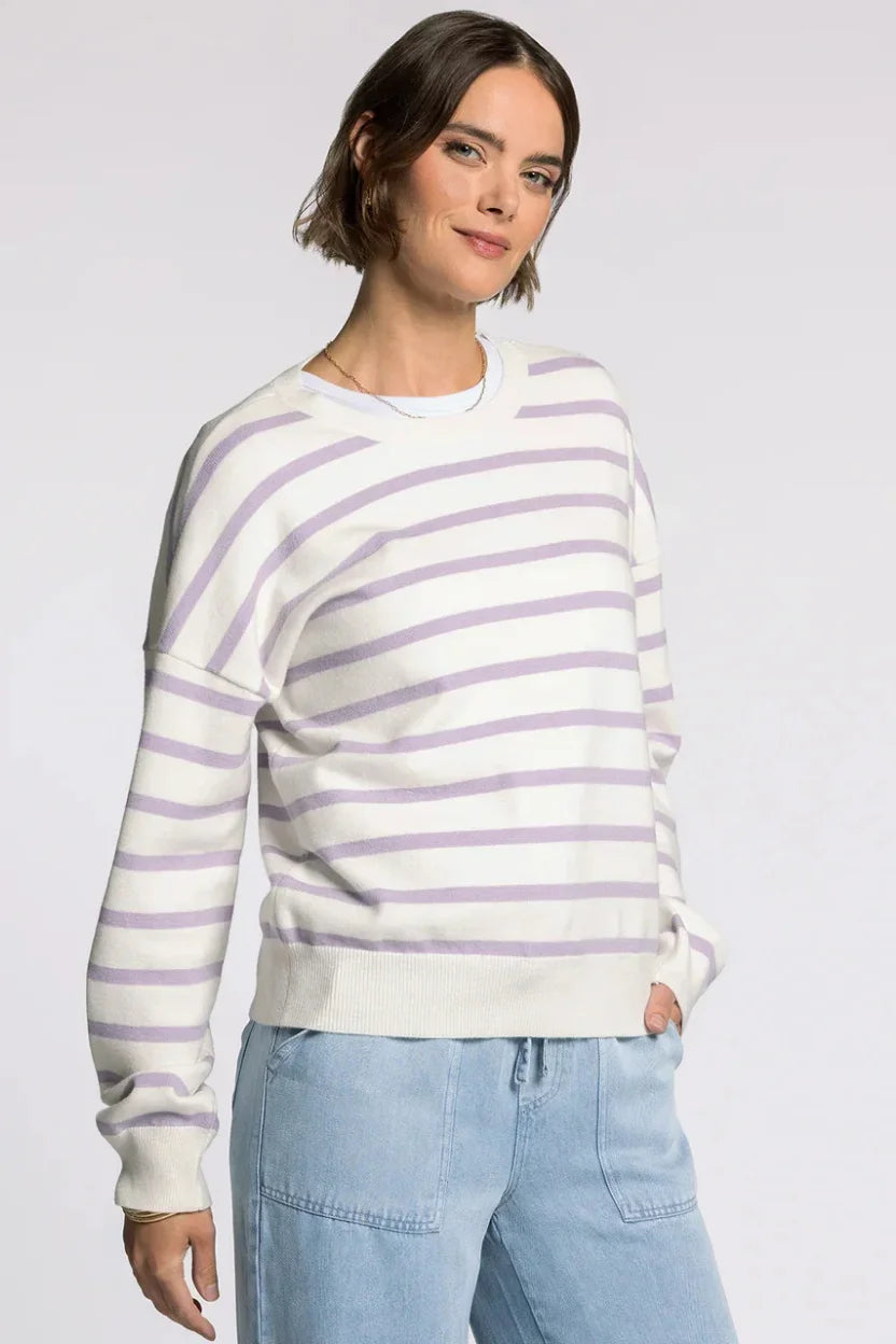 Thread & Supply Preston sweater in soft off-white lavender stripes