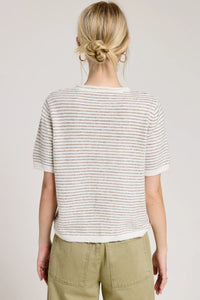Soft off-white striped short sleeve button cardigan with fine gray horizontal stripes and short sleeve button design