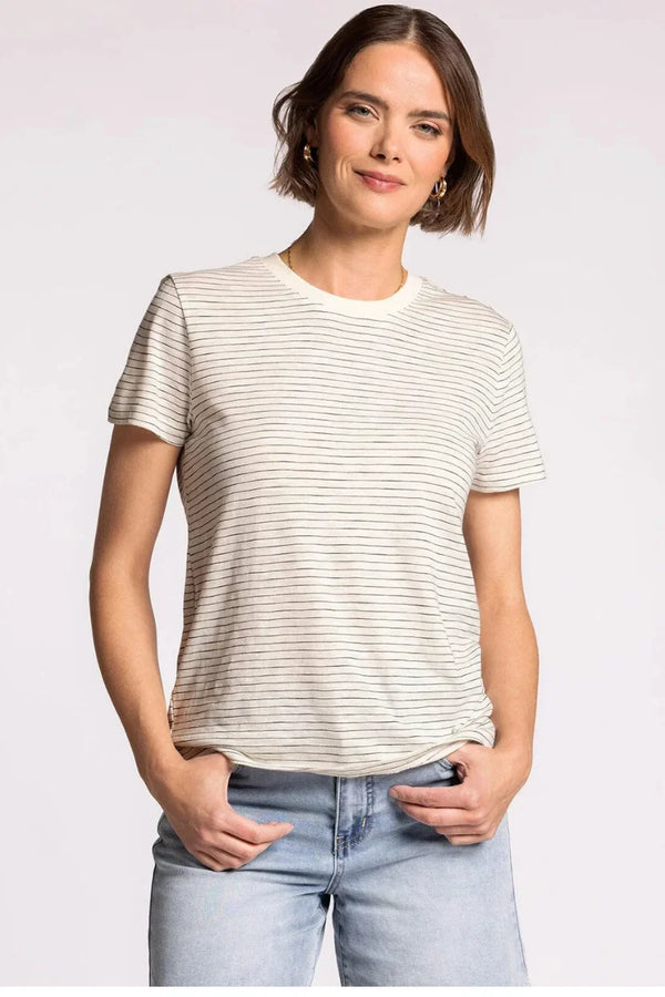Thread & Supply Sarah Tee: soft off-white t-shirt with fine black stripes