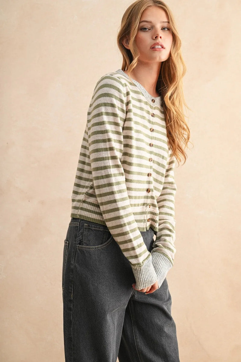 A soft olive and cream knit cardigan with a striped pattern button front closure for casual wear