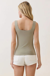 A soft olive green double layer square neck basic tank top with a sleeveless relaxed fit design