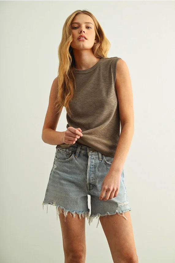 Soft sleeveless cotton round neck top in olive green