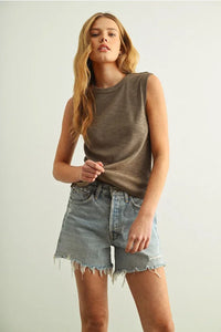 Soft sleeveless cotton round neck top in olive green