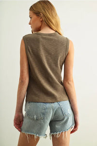Soft sleeveless cotton round neck top in olive green