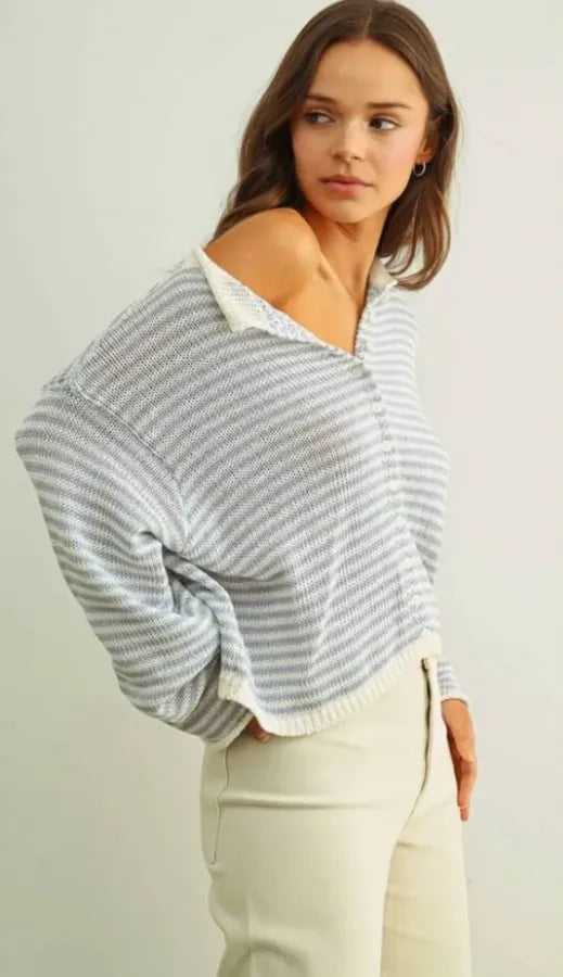 Soft oversized stripe button knit cardigan in gray and white with ribbed cuffs for women’s boho chic clothing