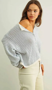 Soft oversized stripe button knit cardigan in gray and white with ribbed cuffs for women’s boho chic clothing