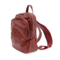 Frankie soft leather backpack in reddish brown with worn texture vegan leather backpack and logo zip pulls zip closure