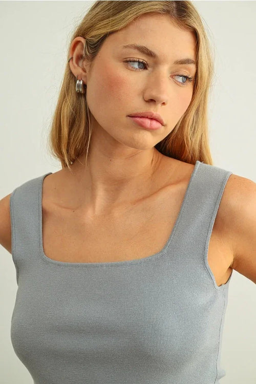 Essential sleeveless ribbed knit top in soft gray ribbed fabric