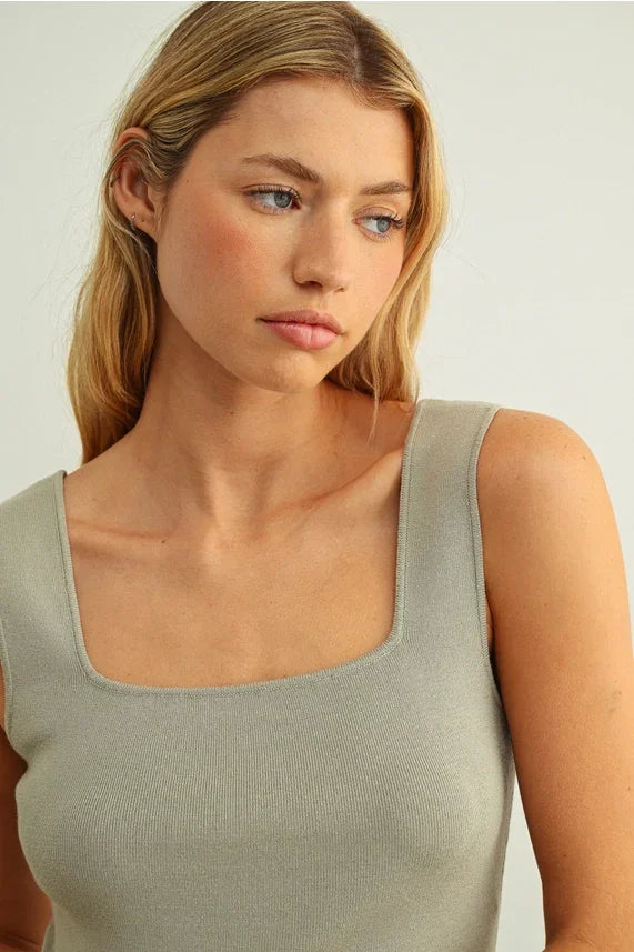 Essential sleeveless ribbed knit top in soft sage green with square neckline