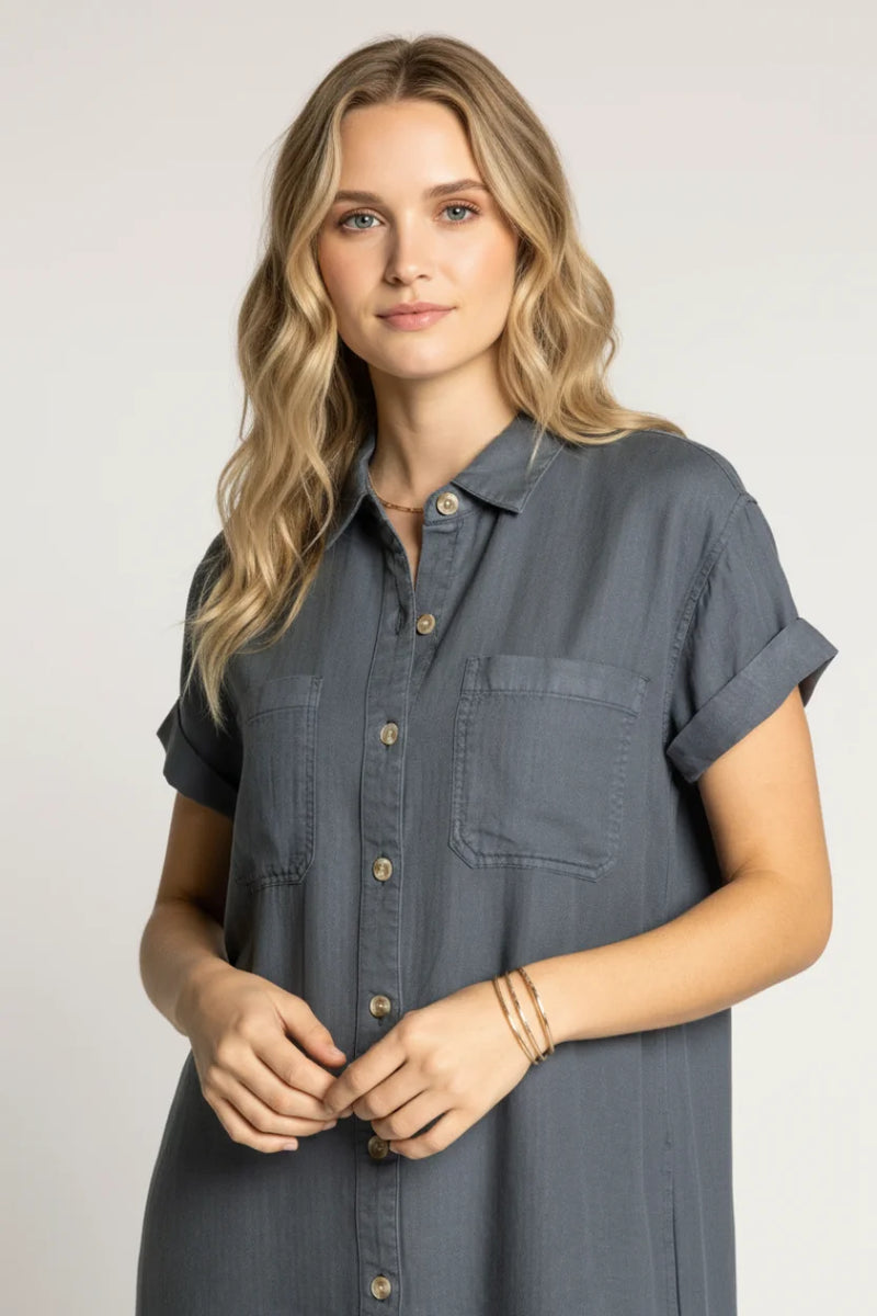 Casual denim button-front shirt dress in slate gray with pockets